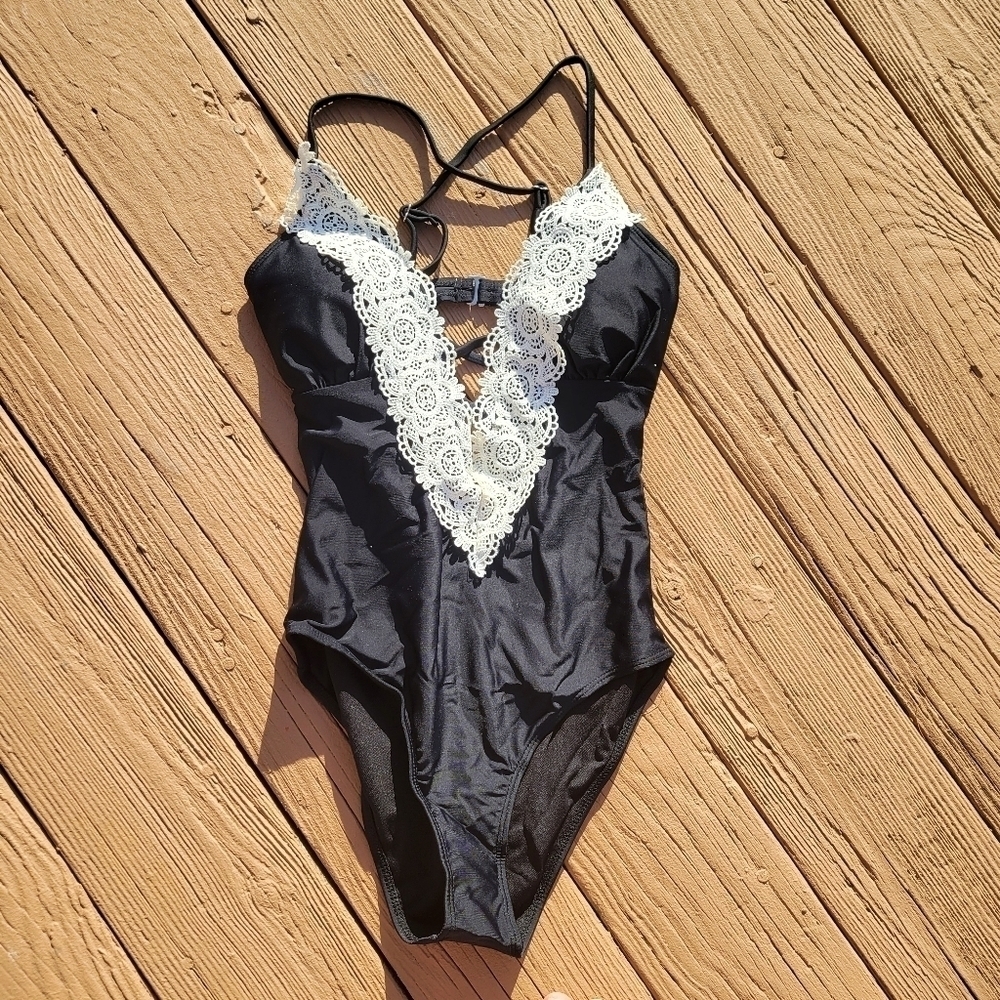 Misty Pearl Black One-Piece Swimsuit with White Lace Plunge - Picture 9 of 12